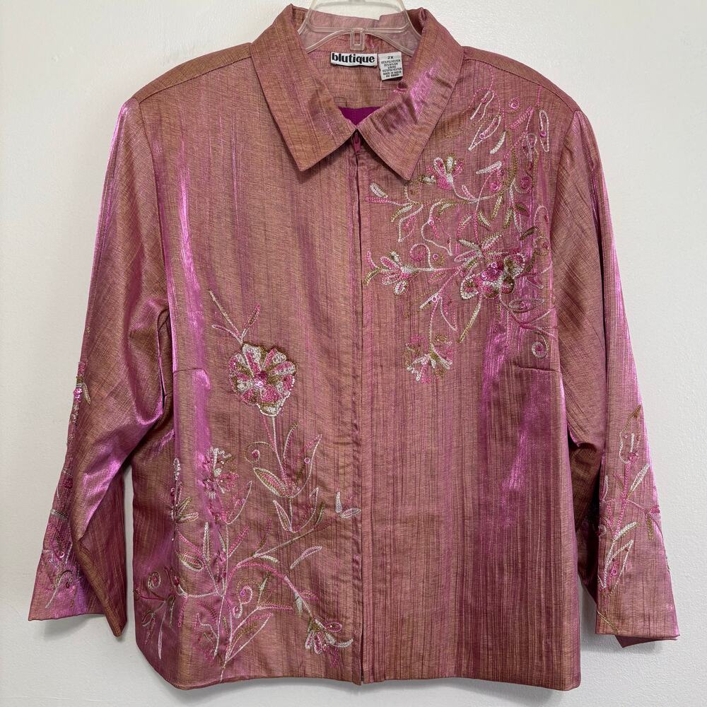 Blutique Rose Pink Shimmer Floral Beaded Jacket 2X NWT
